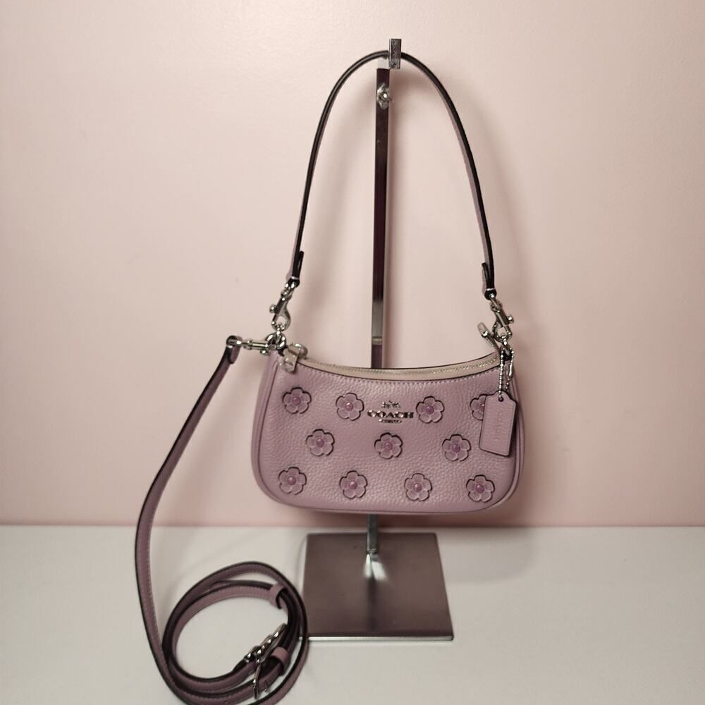NWT Coach CAJ98 Teri Mini Crossbody Bag With Floral Applique Silver/Lilac